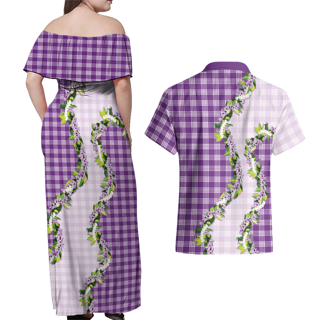 Violet Hawaii Palaka Couples Matching Off Shoulder Maxi Dress and Hawaiian Shirt Maile Pikake Honohono Orchid Lei