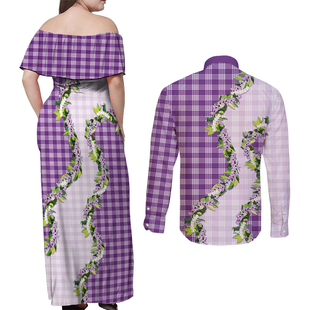 Violet Hawaii Palaka Couples Matching Off Shoulder Maxi Dress and Long Sleeve Button Shirt Maile Pikake Honohono Orchid Lei