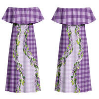 Violet Hawaii Palaka Couples Matching Off Shoulder Maxi Dress and Long Sleeve Button Shirt Maile Pikake Honohono Orchid Lei LT05