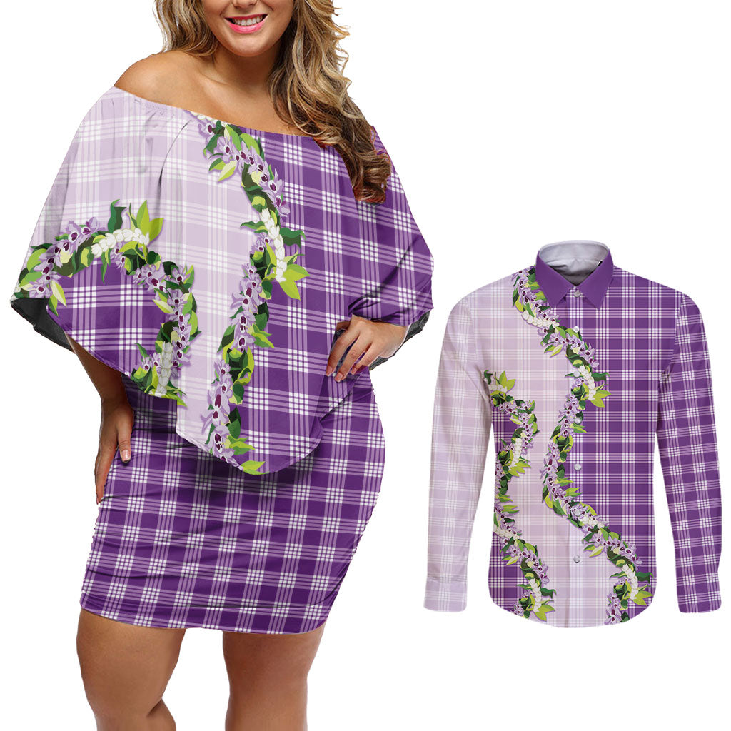 Violet Hawaii Palaka Couples Matching Off Shoulder Short Dress and Long Sleeve Button Shirt Maile Pikake Honohono Orchid Lei