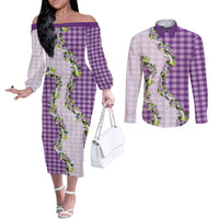 Violet Hawaii Palaka Couples Matching Off The Shoulder Long Sleeve Dress and Long Sleeve Button Shirt Maile Pikake Honohono Orchid Lei