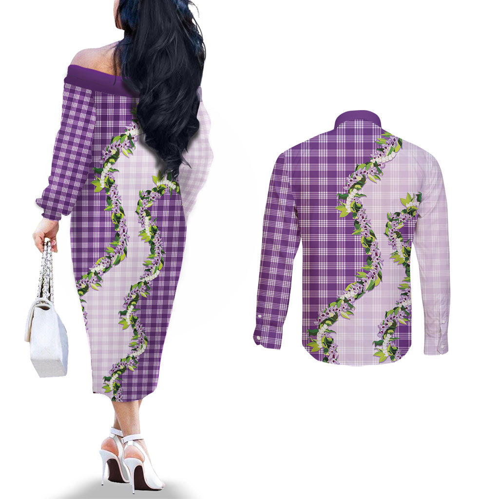 Violet Hawaii Palaka Couples Matching Off The Shoulder Long Sleeve Dress and Long Sleeve Button Shirt Maile Pikake Honohono Orchid Lei