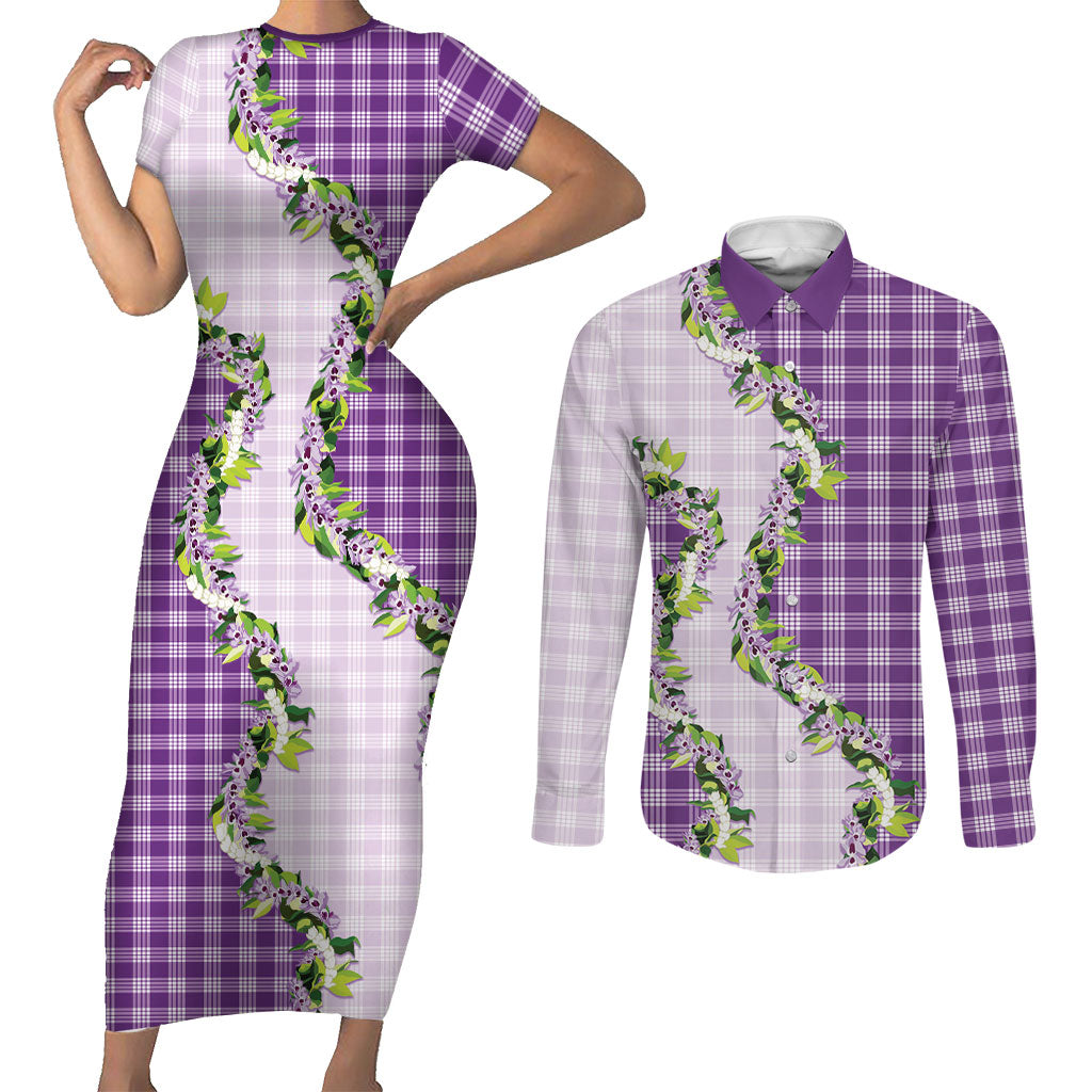 Violet Hawaii Palaka Couples Matching Short Sleeve Bodycon Dress and Long Sleeve Button Shirt Maile Pikake Honohono Orchid Lei LT05 Violet - Polynesian Pride