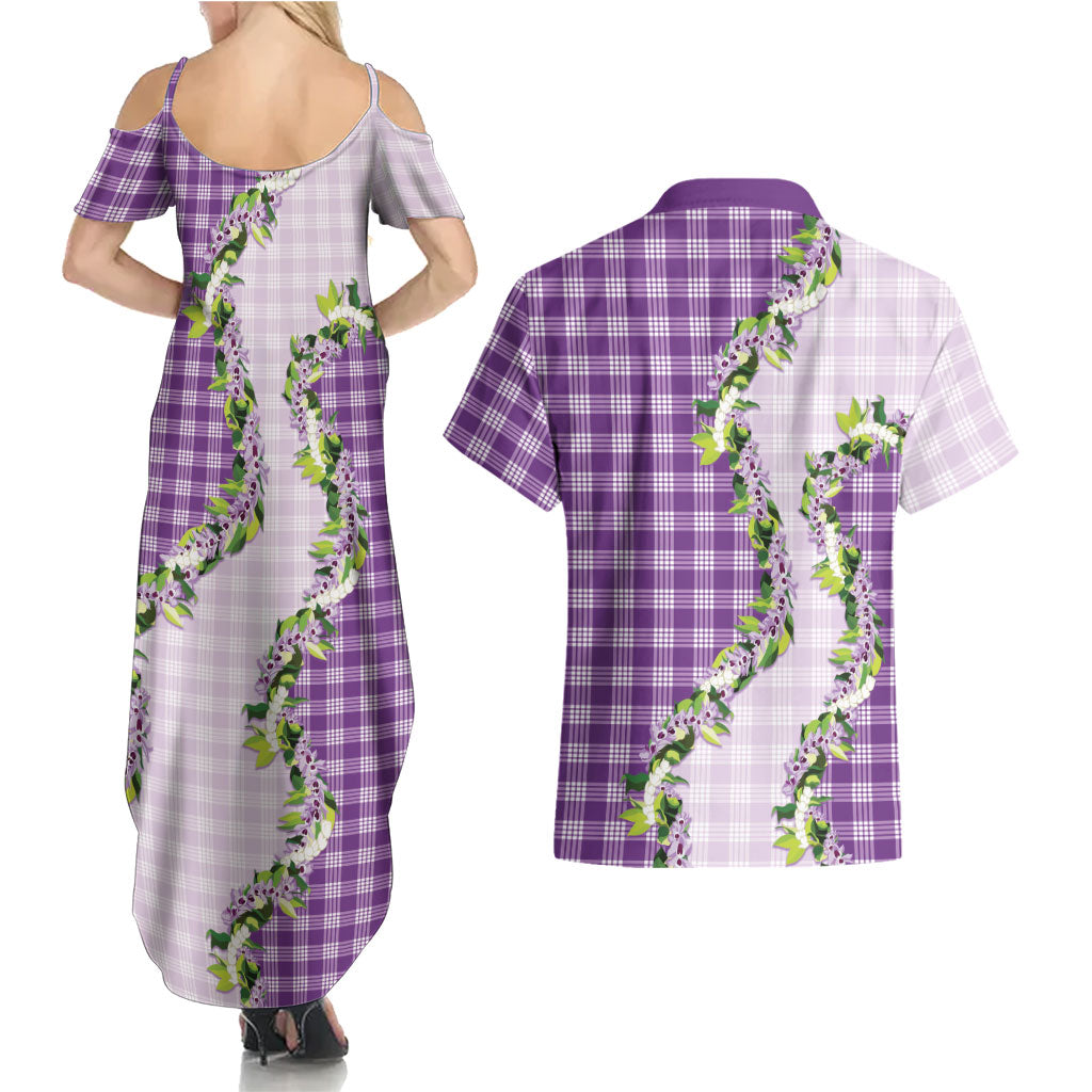 Violet Hawaii Palaka Couples Matching Summer Maxi Dress and Hawaiian Shirt Maile Pikake Honohono Orchid Lei