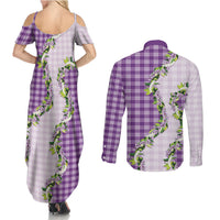 Violet Hawaii Palaka Couples Matching Summer Maxi Dress and Long Sleeve Button Shirt Maile Pikake Honohono Orchid Lei