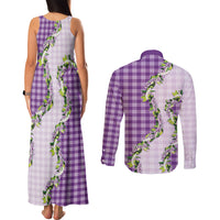 Violet Hawaii Palaka Couples Matching Tank Maxi Dress and Long Sleeve Button Shirt Maile Pikake Honohono Orchid Lei