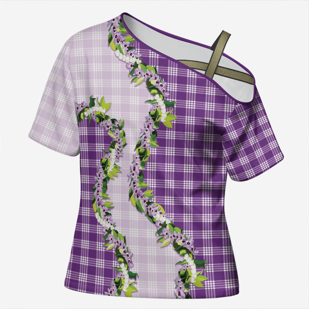 Violet Hawaii Palaka Cross Shoulder Shirt Maile Pikake Honohono Orchid Lei LT05 Female Violet - Polynesian Pride
