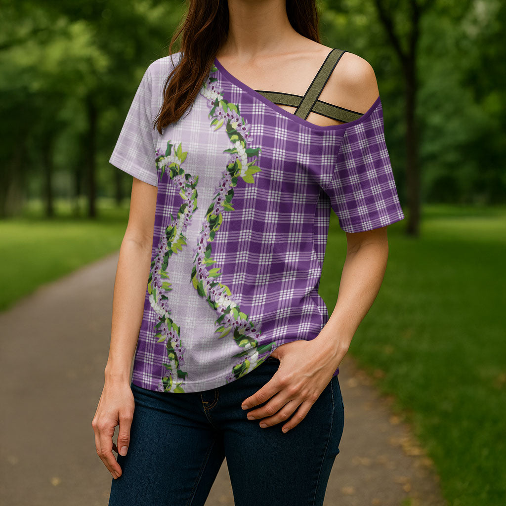 Violet Hawaii Palaka Cross Shoulder Shirt Maile Pikake Honohono Orchid Lei LT05 - Polynesian Pride