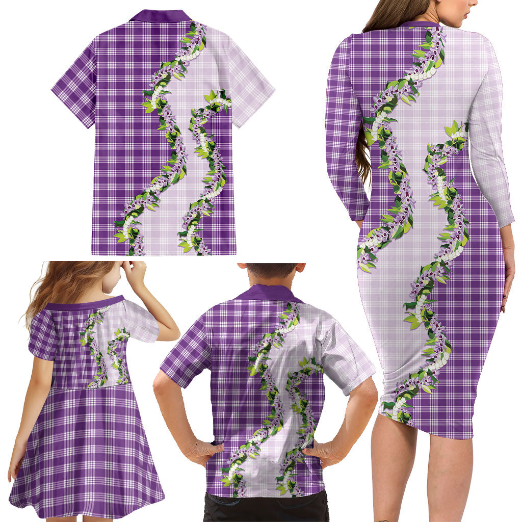 Violet Hawaii Palaka Family Matching Long Sleeve Bodycon Dress and Hawaiian Shirt Maile Pikake Honohono Orchid Lei
