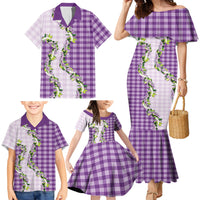 Violet Hawaii Palaka Family Matching Mermaid Dress and Hawaiian Shirt Maile Pikake Honohono Orchid Lei