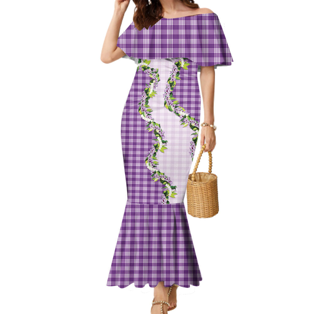 Violet Hawaii Palaka Family Matching Mermaid Dress and Hawaiian Shirt Maile Pikake Honohono Orchid Lei