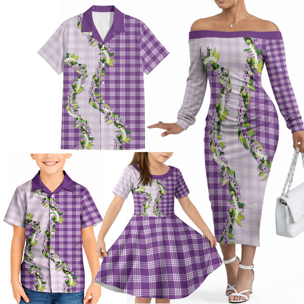 Violet Hawaii Palaka Family Matching Off The Shoulder Long Sleeve Dress and Hawaiian Shirt Maile Pikake Honohono Orchid Lei LT05 - Polynesian Pride
