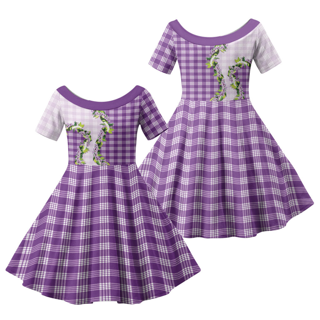 Violet Hawaii Palaka Family Matching Off The Shoulder Long Sleeve Dress and Hawaiian Shirt Maile Pikake Honohono Orchid Lei LT05 Daughter's Dress Violet - Polynesian Pride