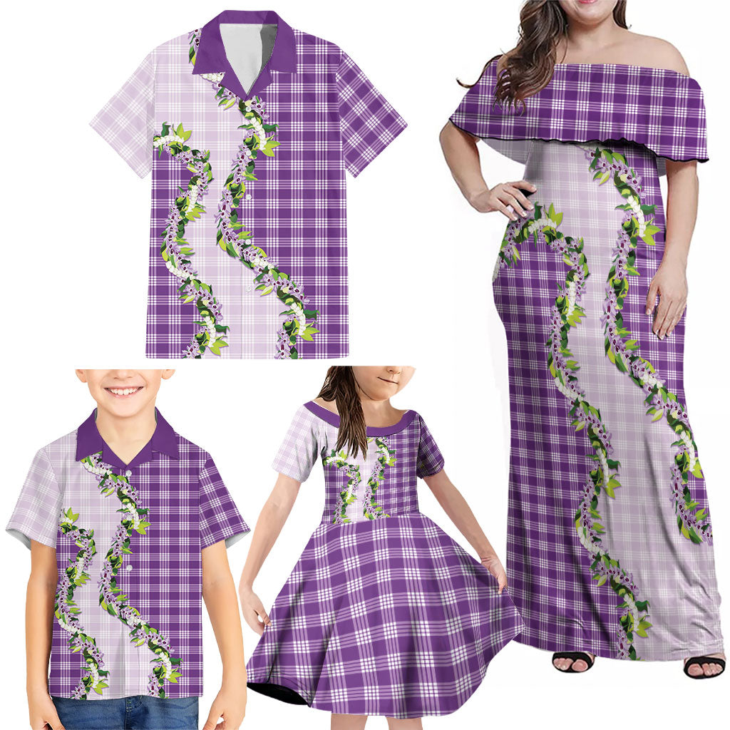 Violet Hawaii Palaka Family Matching Off Shoulder Maxi Dress and Hawaiian Shirt Maile Pikake Honohono Orchid Lei LT05 - Polynesian Pride