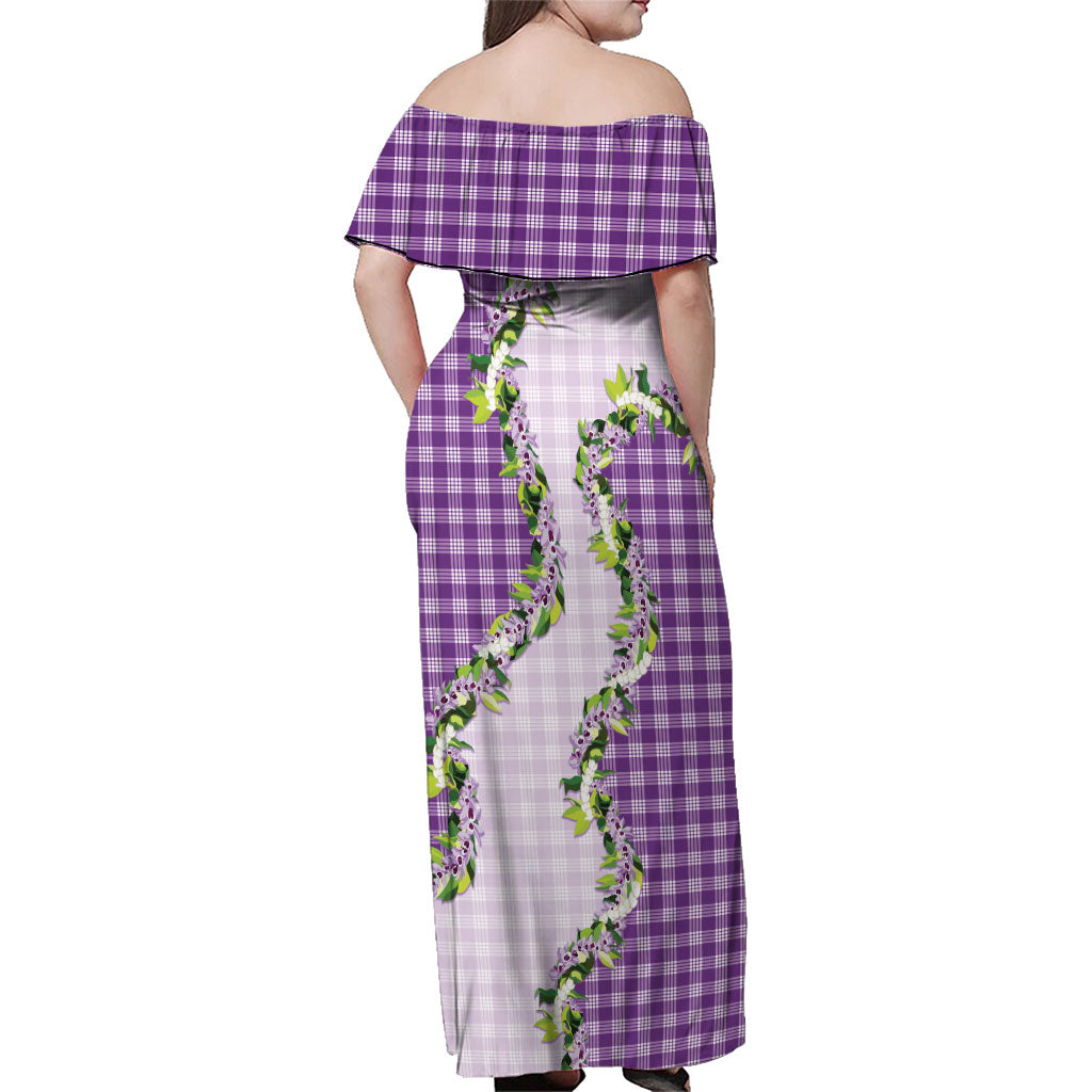 Violet Hawaii Palaka Family Matching Off Shoulder Maxi Dress and Hawaiian Shirt Maile Pikake Honohono Orchid Lei