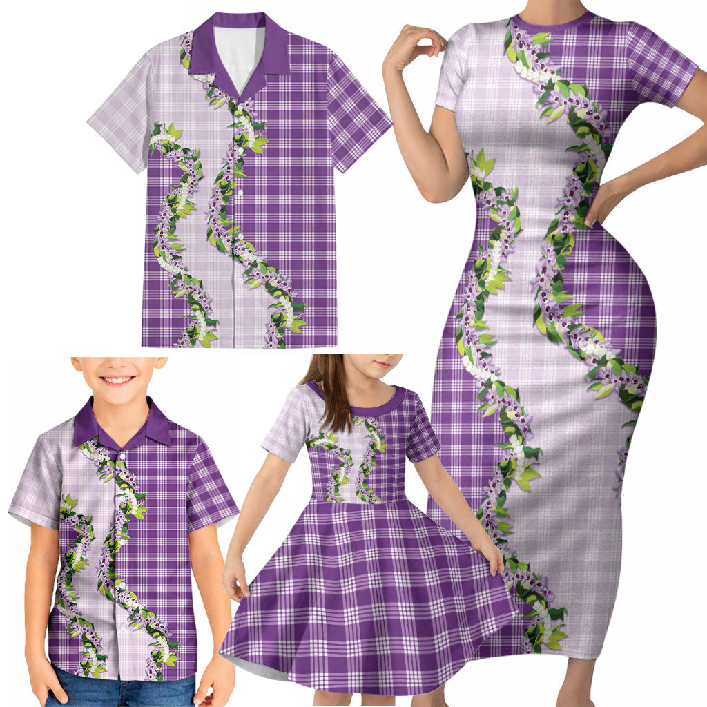 Violet Hawaii Palaka Family Matching Short Sleeve Bodycon Dress and Hawaiian Shirt Maile Pikake Honohono Orchid Lei LT05 - Polynesian Pride