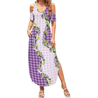 Violet Hawaii Palaka Family Matching Summer Maxi Dress and Hawaiian Shirt Maile Pikake Honohono Orchid Lei
