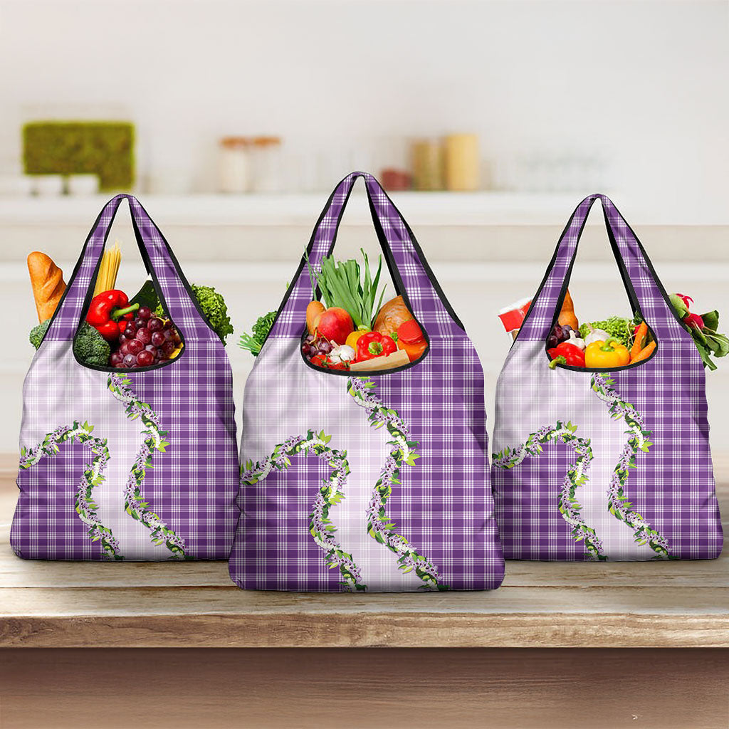 Violet Hawaii Palaka Grocery Bag Maile Pikake Honohono Orchid Lei