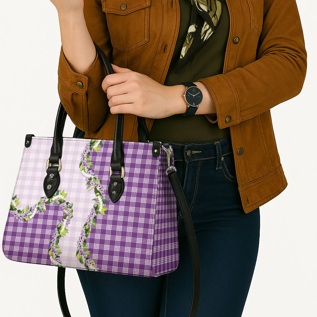Violet Hawaii Palaka Leather Bag Maile Pikake Honohono Orchid Lei