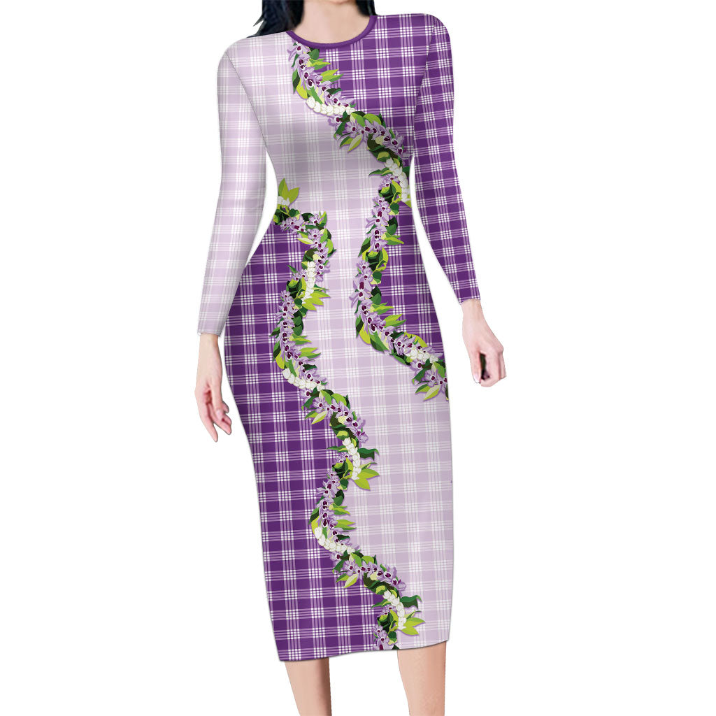 Violet Hawaii Palaka Long Sleeve Bodycon Dress Maile Pikake Honohono Orchid Lei LT05 Long Dress Violet - Polynesian Pride