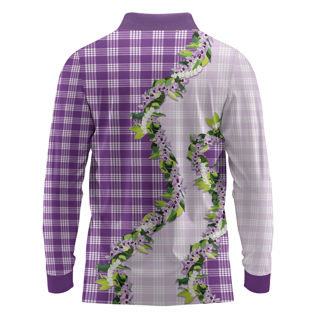 Violet Hawaii Palaka Long Sleeve Polo Shirt Maile Pikake Honohono Orchid Lei