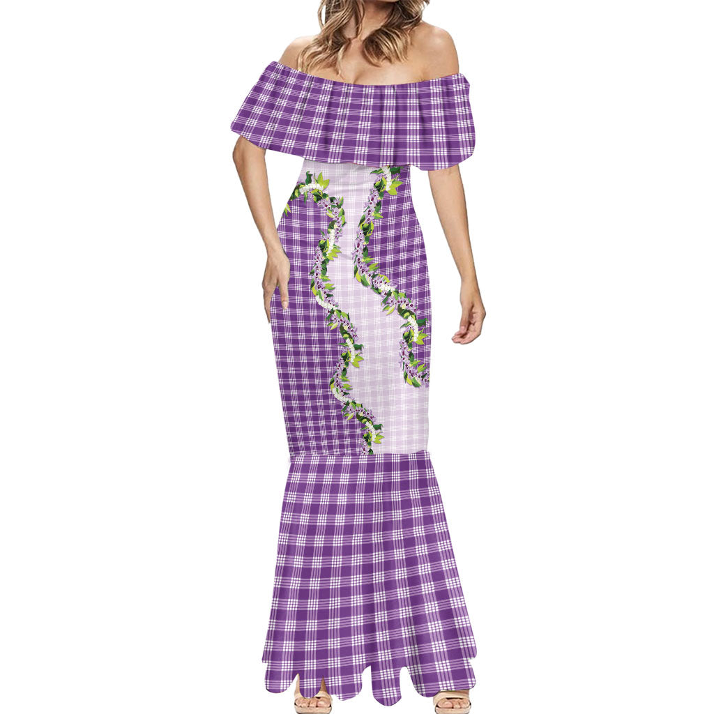 Violet Hawaii Palaka Mermaid Dress Maile Pikake Honohono Orchid Lei