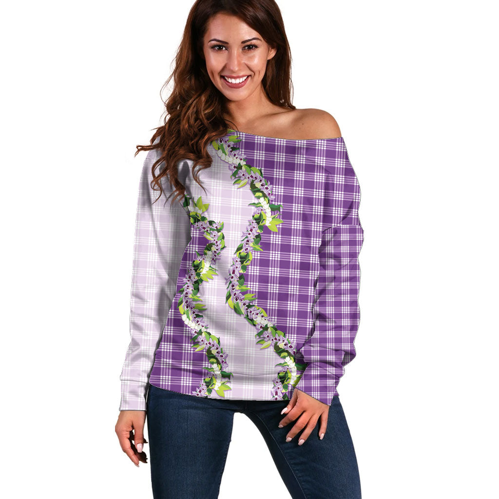 Violet Hawaii Palaka Off Shoulder Sweater Maile Pikake Honohono Orchid Lei LT05 Women Violet - Polynesian Pride