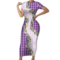Violet Hawaii Palaka Short Sleeve Bodycon Dress Maile Pikake Honohono Orchid Lei
