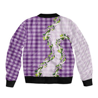 Violet Hawaii Palaka Sleeve Zip Bomber Jacket Maile Pikake Honohono Orchid Lei