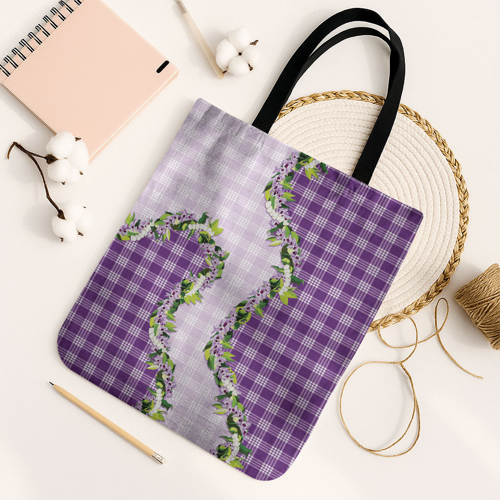 Violet Hawaii Palaka Tote Bag Maile Pikake Honohono Orchid Lei