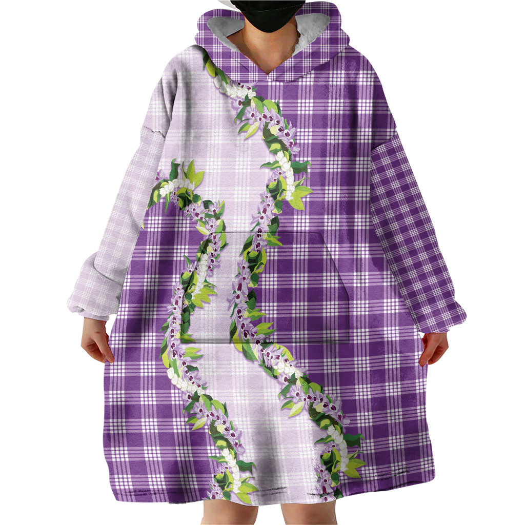 Violet Hawaii Palaka Wearable Blanket Hoodie Maile Pikake Honohono Orchid Lei