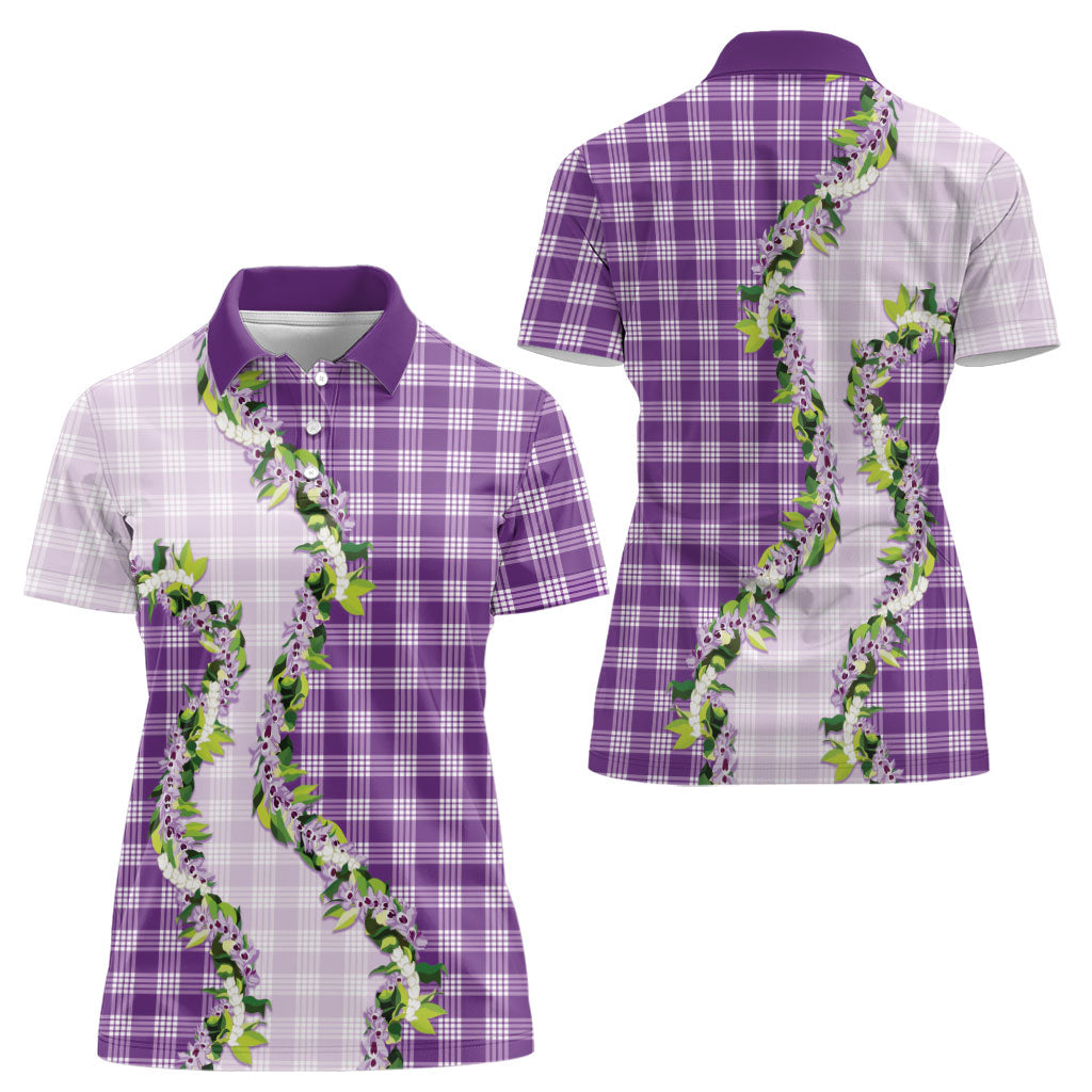 Violet Hawaii Palaka Women Polo Shirt Maile Pikake Honohono Orchid Lei