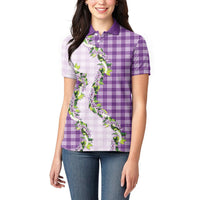 Violet Hawaii Palaka Women Polo Shirt Maile Pikake Honohono Orchid Lei