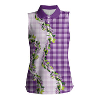 Violet Hawaii Palaka Women Sleeveless Polo Shirt Maile Pikake Honohono Orchid Lei