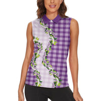 Violet Hawaii Palaka Women Sleeveless Polo Shirt Maile Pikake Honohono Orchid Lei
