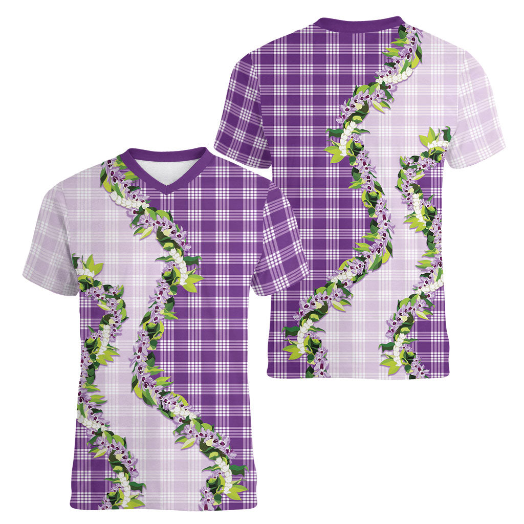 Violet Hawaii Palaka Women V-Neck T-Shirt Maile Pikake Honohono Orchid Lei