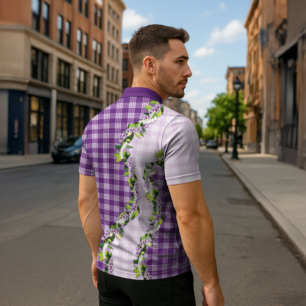 Violet Hawaii Palaka Zipper Polo Shirt Maile Pikake Honohono Orchid Lei