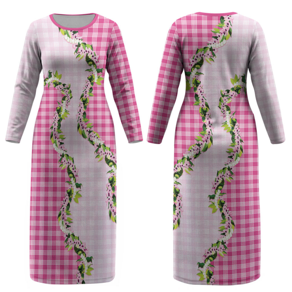 Pink Hawaii Palaka Couples Matching Long Sleeve Bodycon Dress and Long Sleeve Button Shirt Maile Pikake Honohono Orchid Lei LT05