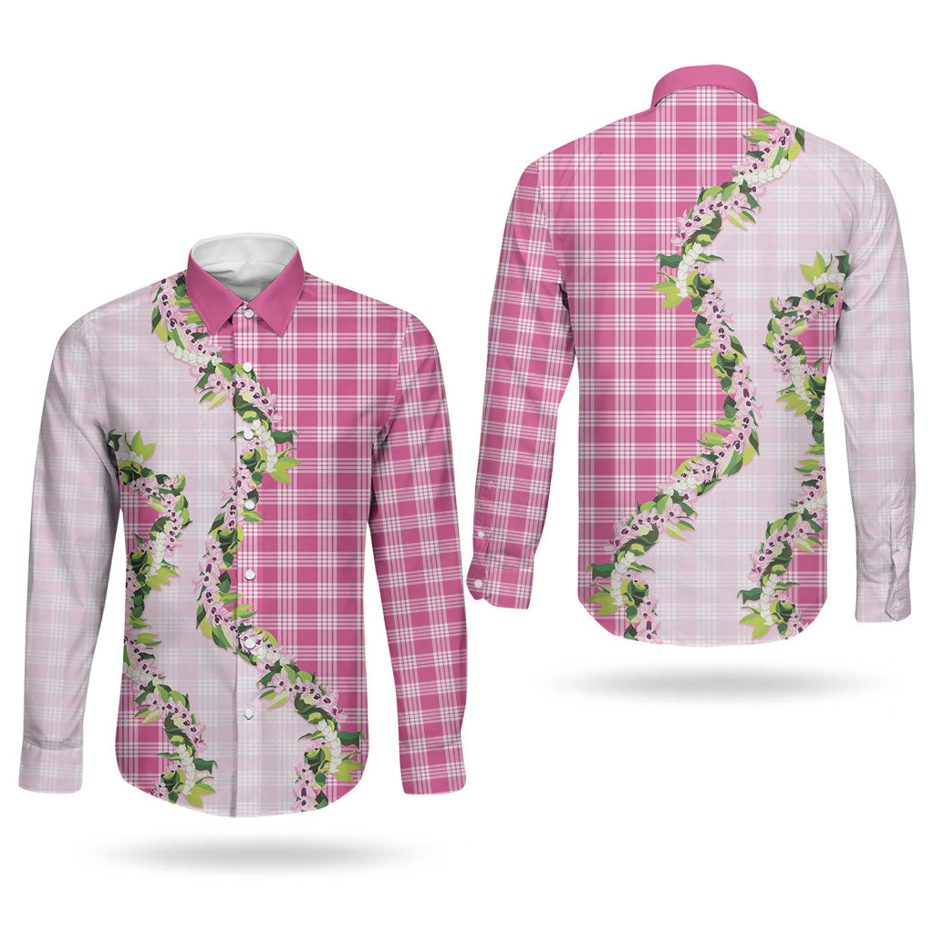 Pink Hawaii Palaka Couples Matching Mermaid Dress and Long Sleeve Button Shirt Maile Pikake Honohono Orchid Lei LT05 - Polynesian Pride