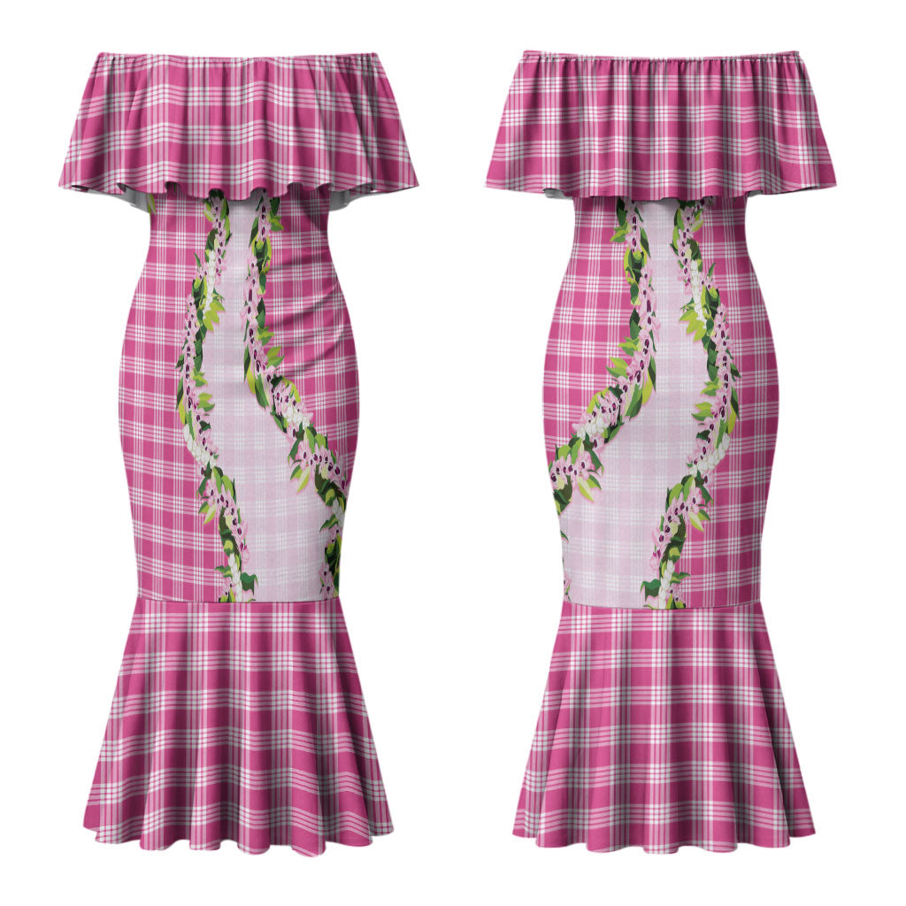 Pink Hawaii Palaka Couples Matching Mermaid Dress and Long Sleeve Button Shirt Maile Pikake Honohono Orchid Lei LT05