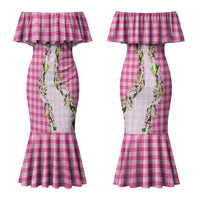 Pink Hawaii Palaka Couples Matching Mermaid Dress and Long Sleeve Button Shirt Maile Pikake Honohono Orchid Lei LT05