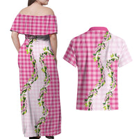 Pink Hawaii Palaka Couples Matching Off Shoulder Maxi Dress and Hawaiian Shirt Maile Pikake Honohono Orchid Lei