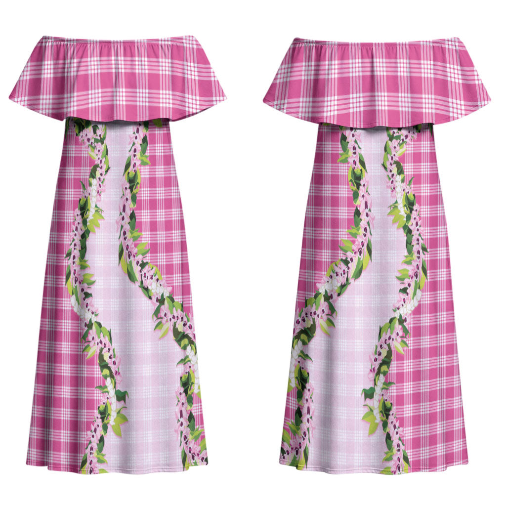 Pink Hawaii Palaka Couples Matching Off Shoulder Maxi Dress and Long Sleeve Button Shirt Maile Pikake Honohono Orchid Lei LT05