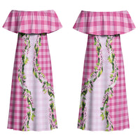 Pink Hawaii Palaka Couples Matching Off Shoulder Maxi Dress and Long Sleeve Button Shirt Maile Pikake Honohono Orchid Lei LT05
