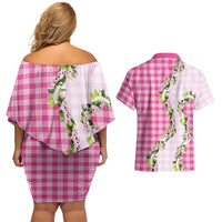 Pink Hawaii Palaka Couples Matching Off Shoulder Short Dress and Hawaiian Shirt Maile Pikake Honohono Orchid Lei