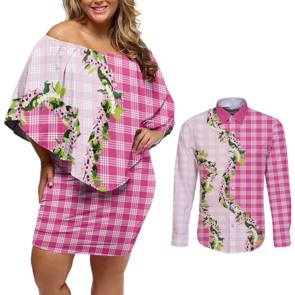 Pink Hawaii Palaka Couples Matching Off Shoulder Short Dress and Long Sleeve Button Shirt Maile Pikake Honohono Orchid Lei LT05 Pink - Polynesian Pride