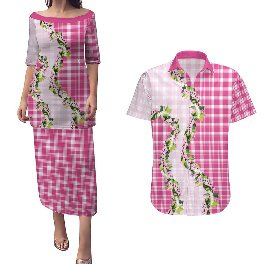 Pink Hawaii Palaka Couples Matching Puletasi and Hawaiian Shirt Maile Pikake Honohono Orchid Lei LT05 Pink - Polynesian Pride