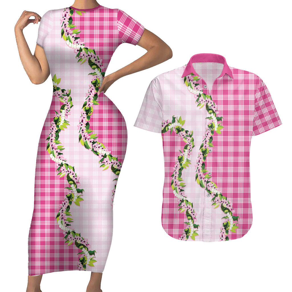Pink Hawaii Palaka Couples Matching Short Sleeve Bodycon Dress and Hawaiian Shirt Maile Pikake Honohono Orchid Lei LT05 Pink - Polynesian Pride