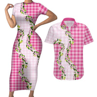 Pink Hawaii Palaka Couples Matching Short Sleeve Bodycon Dress and Hawaiian Shirt Maile Pikake Honohono Orchid Lei