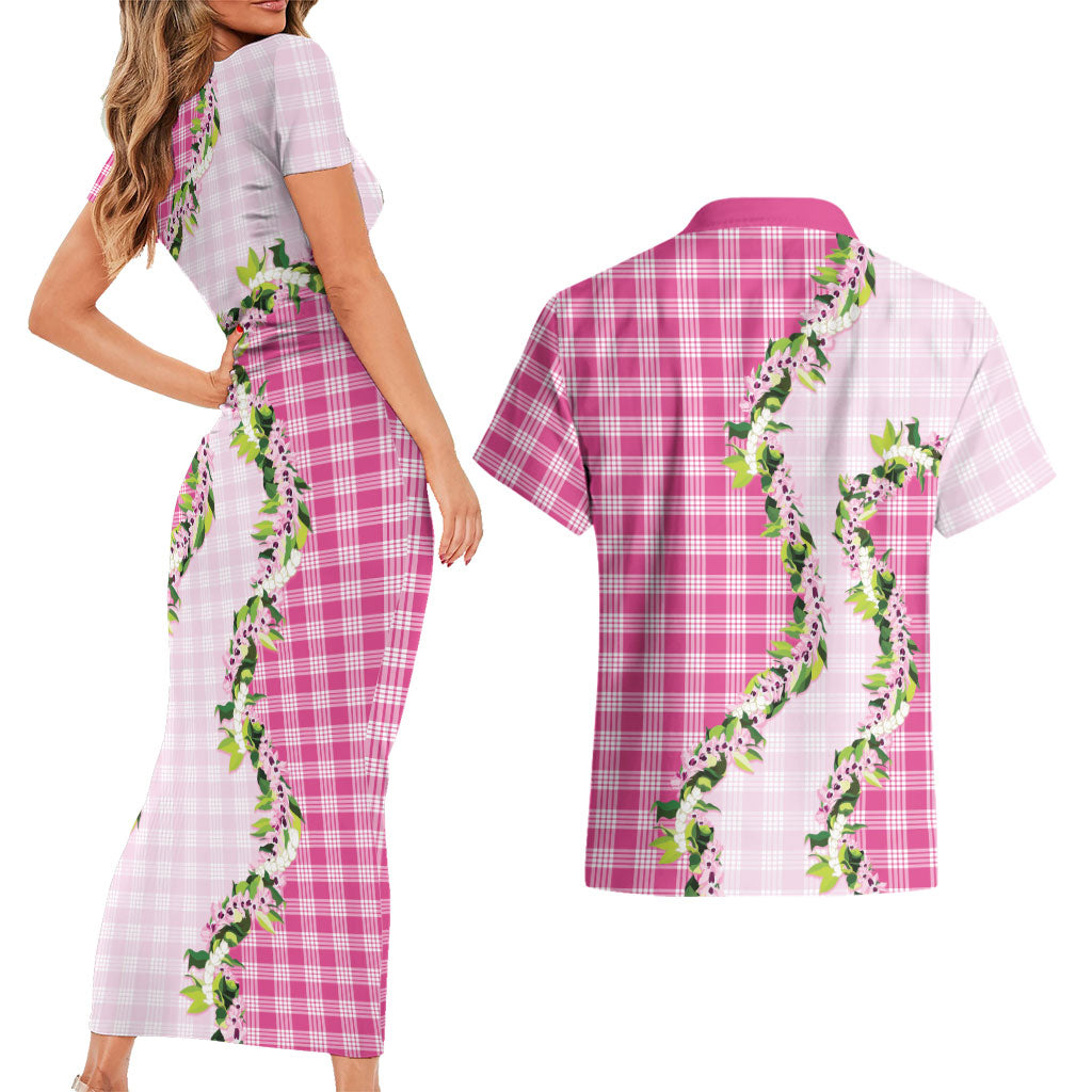 Pink Hawaii Palaka Couples Matching Short Sleeve Bodycon Dress and Hawaiian Shirt Maile Pikake Honohono Orchid Lei